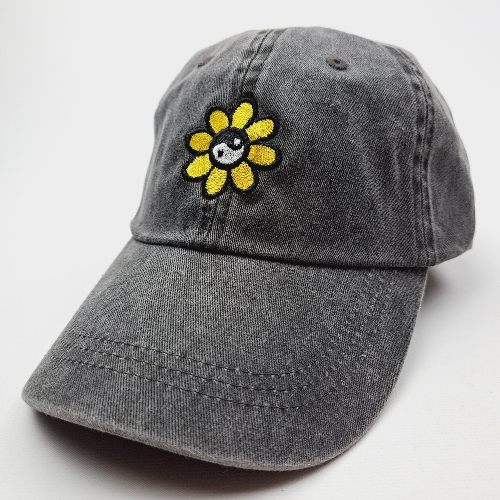 Yin Yang Flower Embroidered Relaxed Cotton Hat Cap Gray Washed Adjustable Women